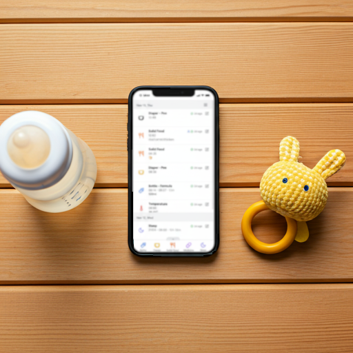 A smartphone displaying baby tracking app interface with baby bottle and toy